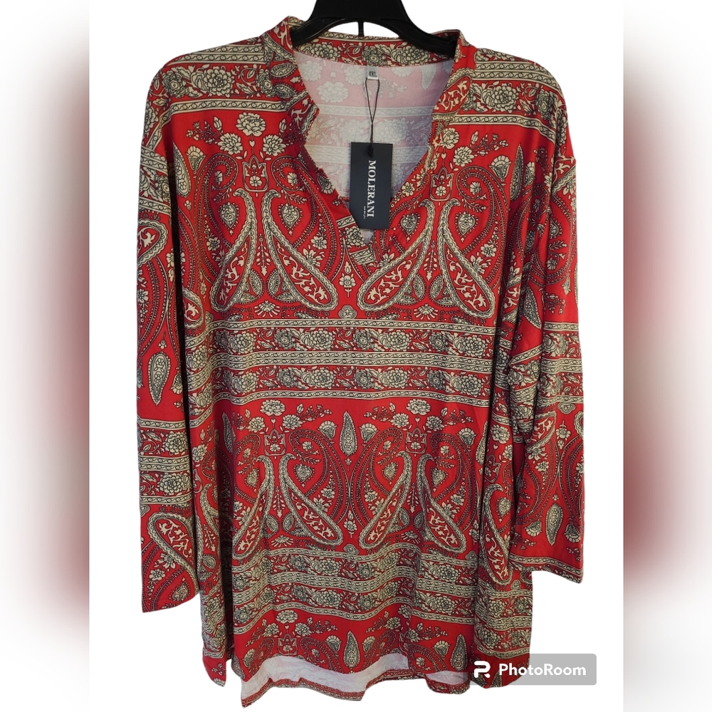 Women Plus Size Red Floral Tunic 3/4 Roll Sleeve V-Neck Blouse Size 4XL